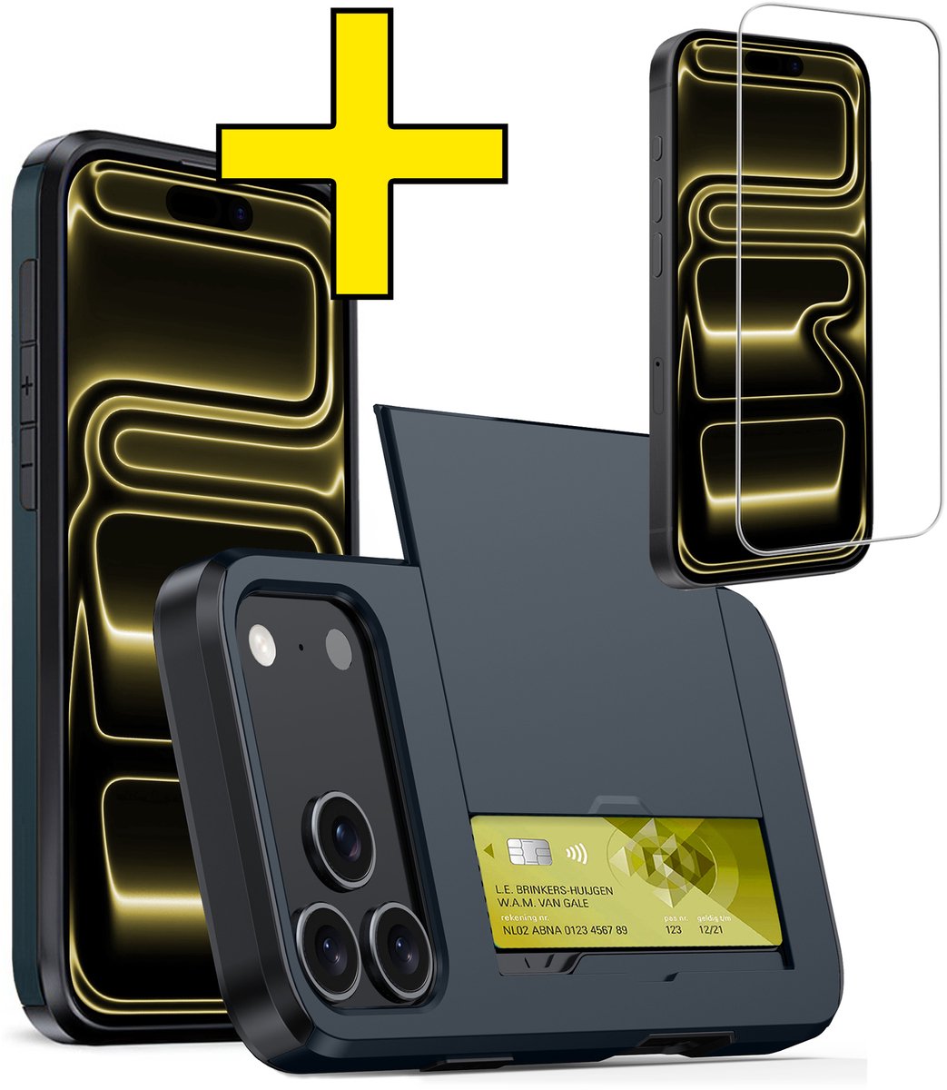 Hoesje Geschikt voor iPhone 17 Pro Hoesje Case Pashouder Hard Cover Met Screenprotector - Hoes Geschikt voor iPhone 17 Pro Hoesje Met Kaarthouder - Donkerblauw
