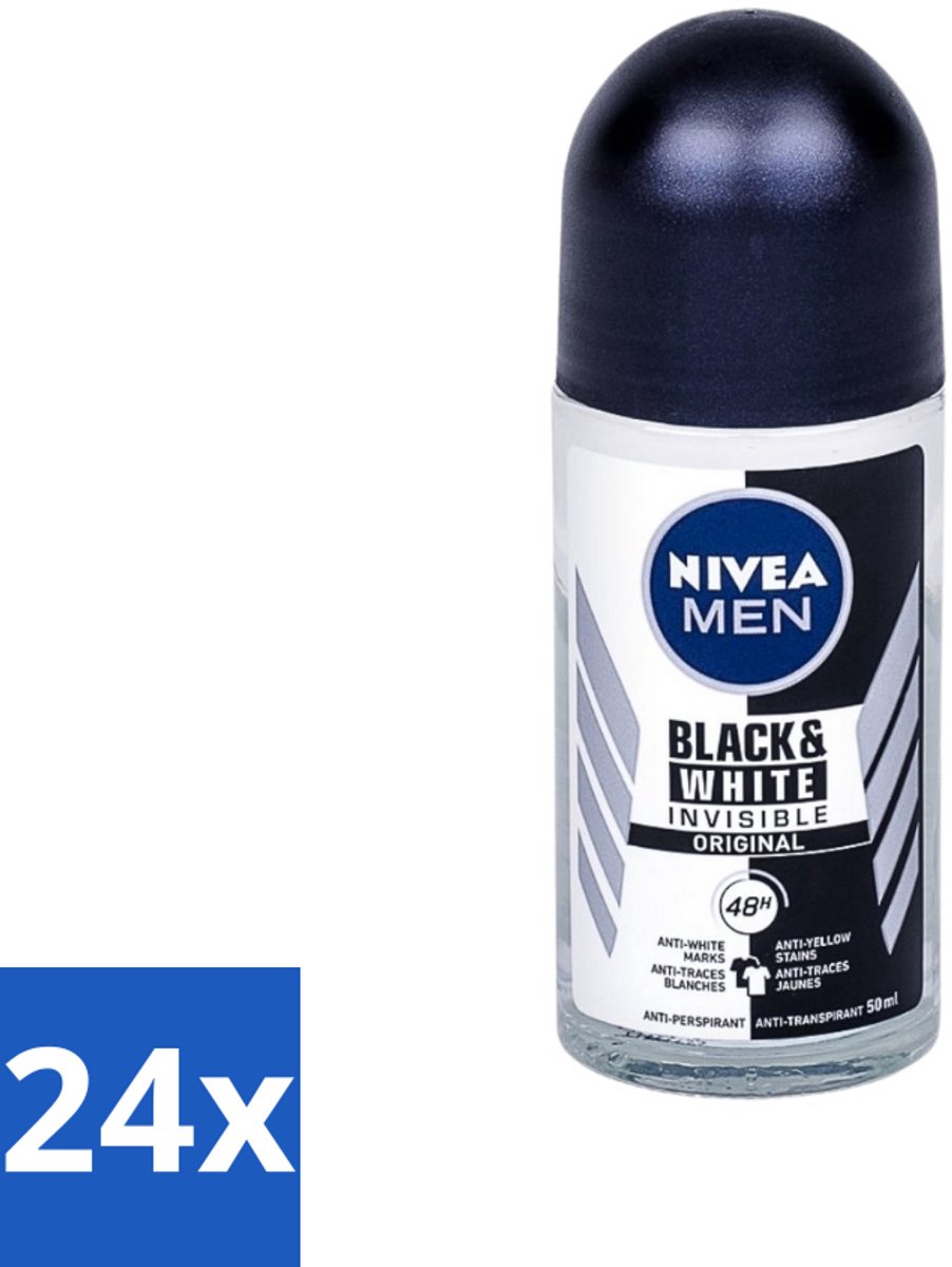 24 x Nivea - Men - Deodorant - Invisible for Black & White Power - Rollerdeodorant - 50 ml - Anti-transpirant - Deodorant Roller - Witte Strepen - Gele Vlekken - Kledingbescherming