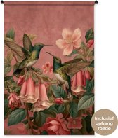 Wandkleed 120x180 cm - Wanddoek Kolibries - Bloemen - Groen - Roze - Wandtapijt - Wandkleden