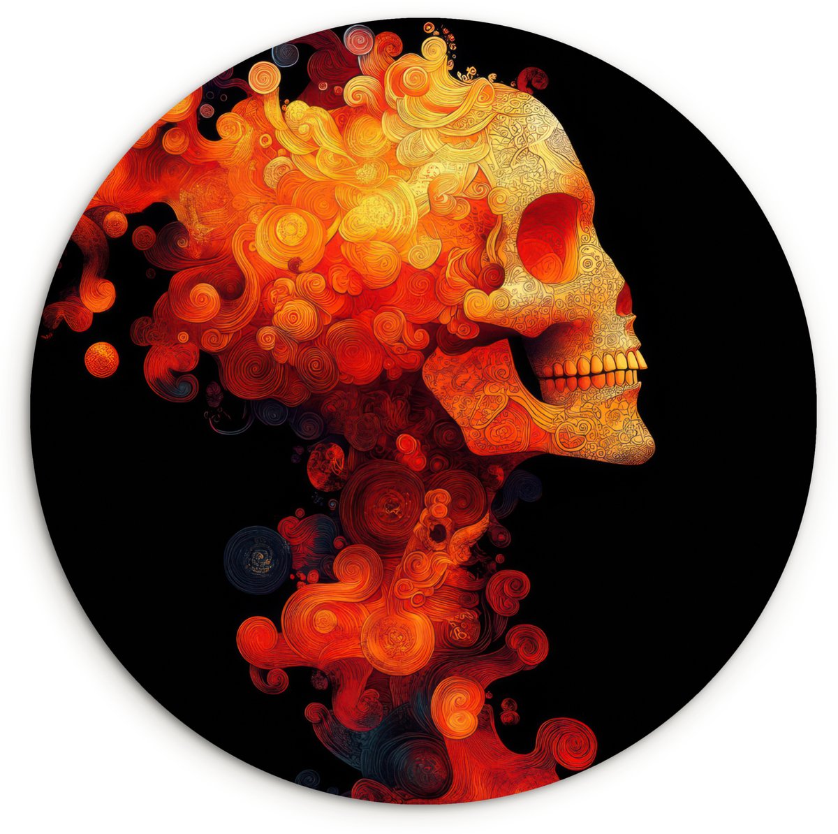WallCircle Wandcirkel 120x120 cm - Muurcirkel Schedel - Oranje - Zijaanzicht - Vlammen - Muurdecoratie woonkamer - Wanddecoratie slaapkamer - Kamer decoratie accessoires - Ronde schilderijen Schedel - Vlammen