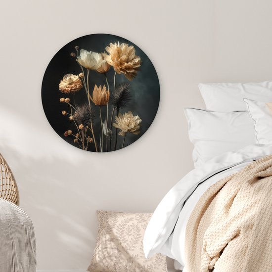 WallCircle® Cercle Mural 60x60 cm - Cercle Mural Bouquet - Fleurs - Clair - Zwart - Décoration murale salon - Décoration murale chambre - Accessoires de décoration de chambre - Tableaux ronds
