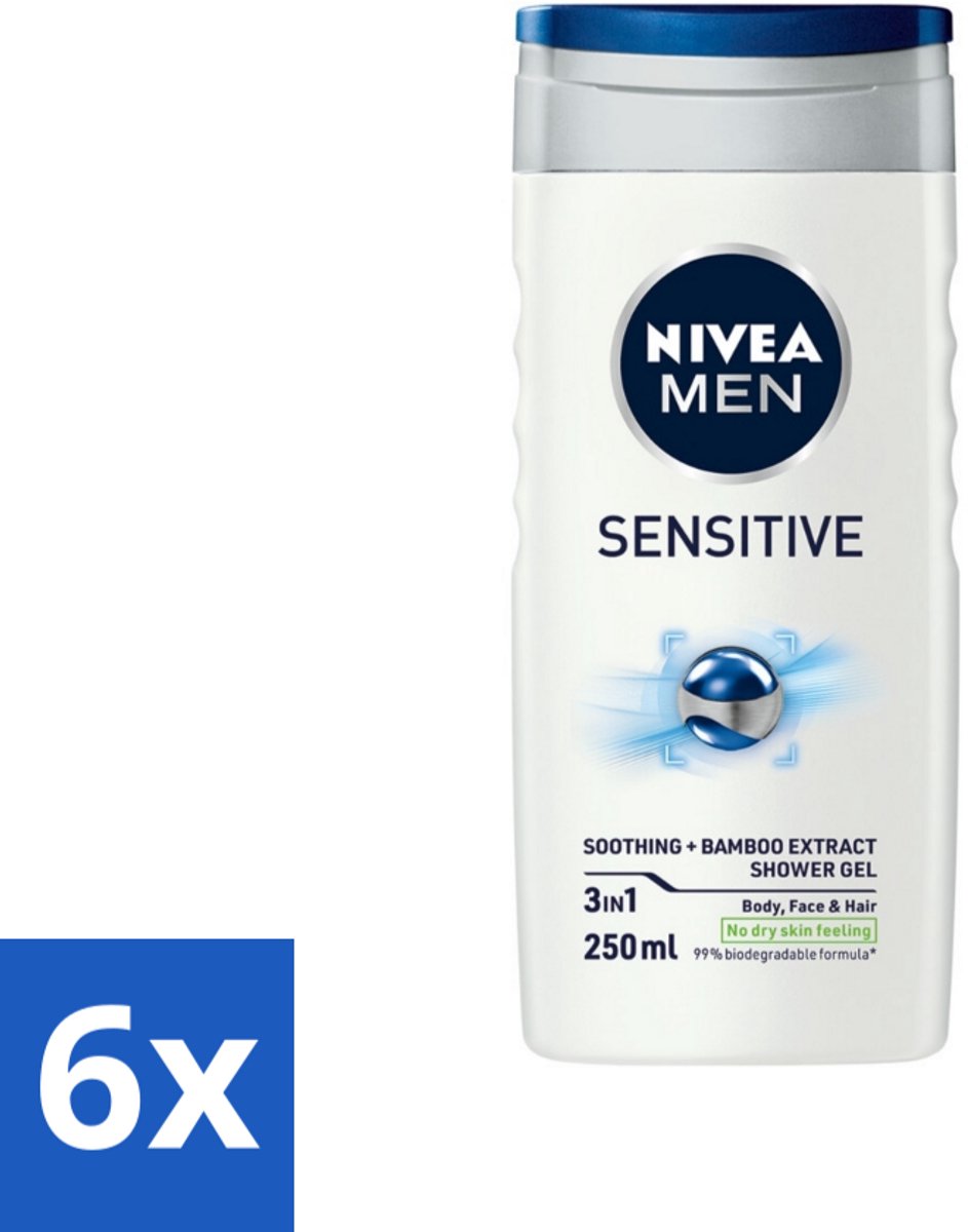 6 x Nivea - Men - Sensitive Douchegel - Hydraterend - 250 ml - Gevoelige Huid - Douchegel - Hydraterende Douchegel - Huidvriendelijke Douchegel - PH-huidneutrale Douchegel