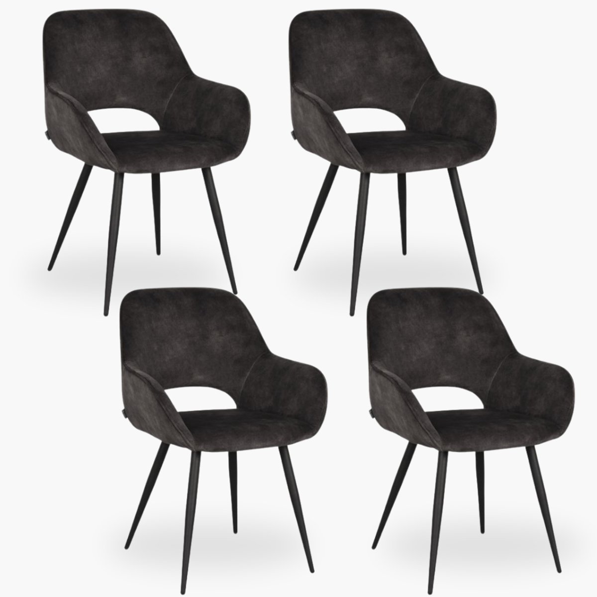 4x Eetkamerstoel Jenna - Graphite Velours - Set van 4 - Grijs - Met Armleuning