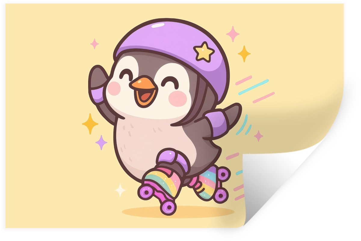 Muurstickers - Sticker Folie - Pinguïn - Rolschaatsen - Geel - Energiek - 60x40 cm - Plakf