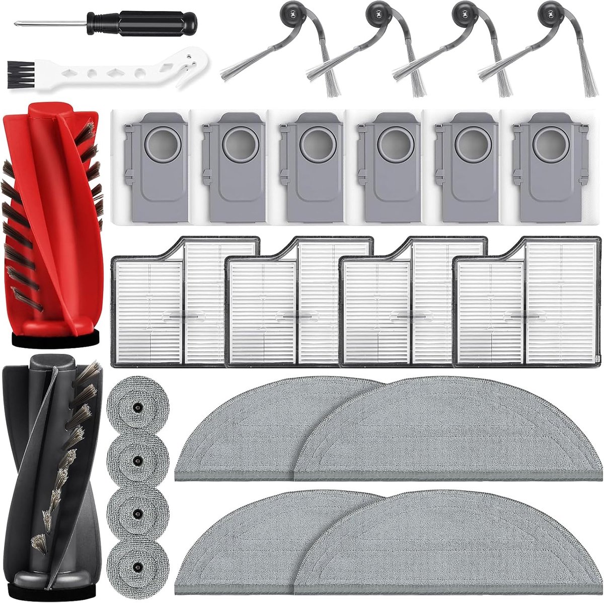 26-delige accessoireset gescht voor Roborock Saros 10 robotstofzuiger – 2 hoofdborstels, 6 stofzakken, 4 dweildoeken, 4 zijborstels, 4 filters, 4 zijvegers, 1 reinigingsborstel, 1 schroevendraaier