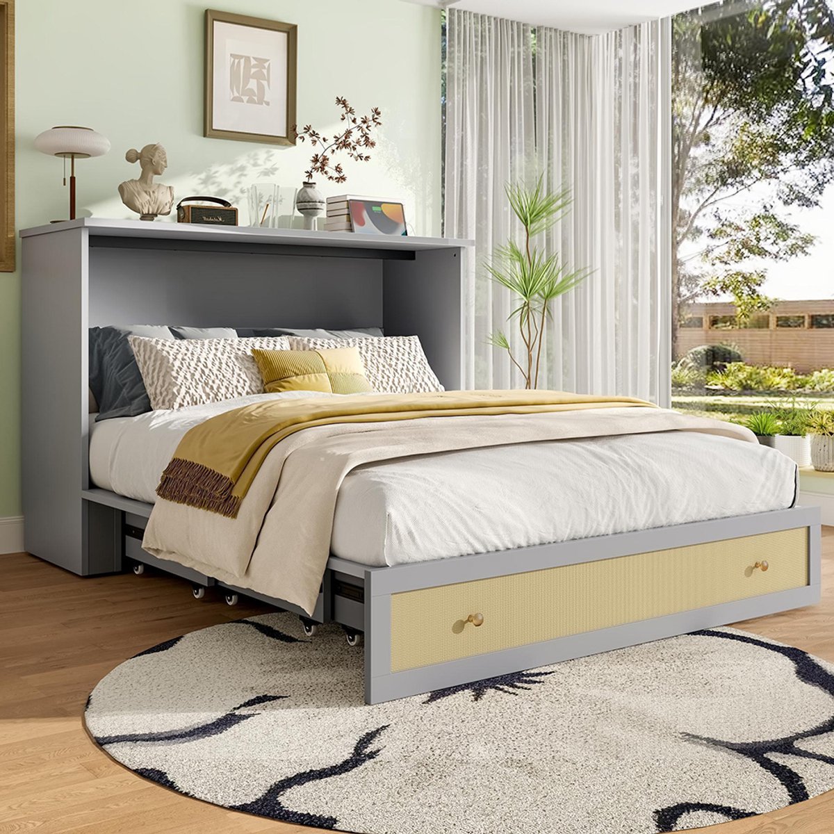 Pugsdrly Opklapbed, 140 x 200, mobiel opklapbed met lades aan het voeteneinde en plank aan het hoofdeinde, met USB-poort en stopcontact, omvormbaar platformbed, zonder matras, grijs