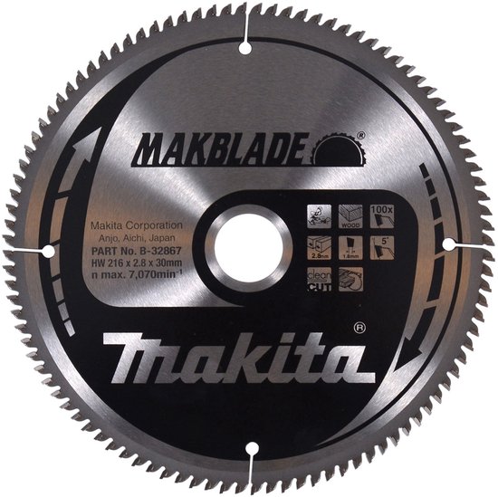 Lame de scie transversale Makita pour le bois | Maklame | Ø 216mm Trou d'axe 30mm 100T - B-32867