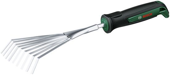 Kleine Bosch-tuinhark met gebogen metalen tanden en een groen-zwart ergonomisch handvat.