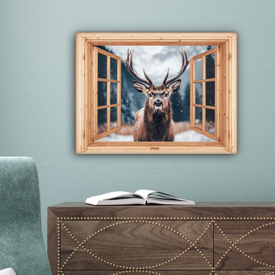 Canvas schilderij 40x30 cm - Wanddecoratie Doorkijk - Hert - Dieren - Winterlandschap - Sneeuw - Muurdecoratie woonkamer - Slaapkamer decoratie - Kamer accessoires - Schilderijen op canvas