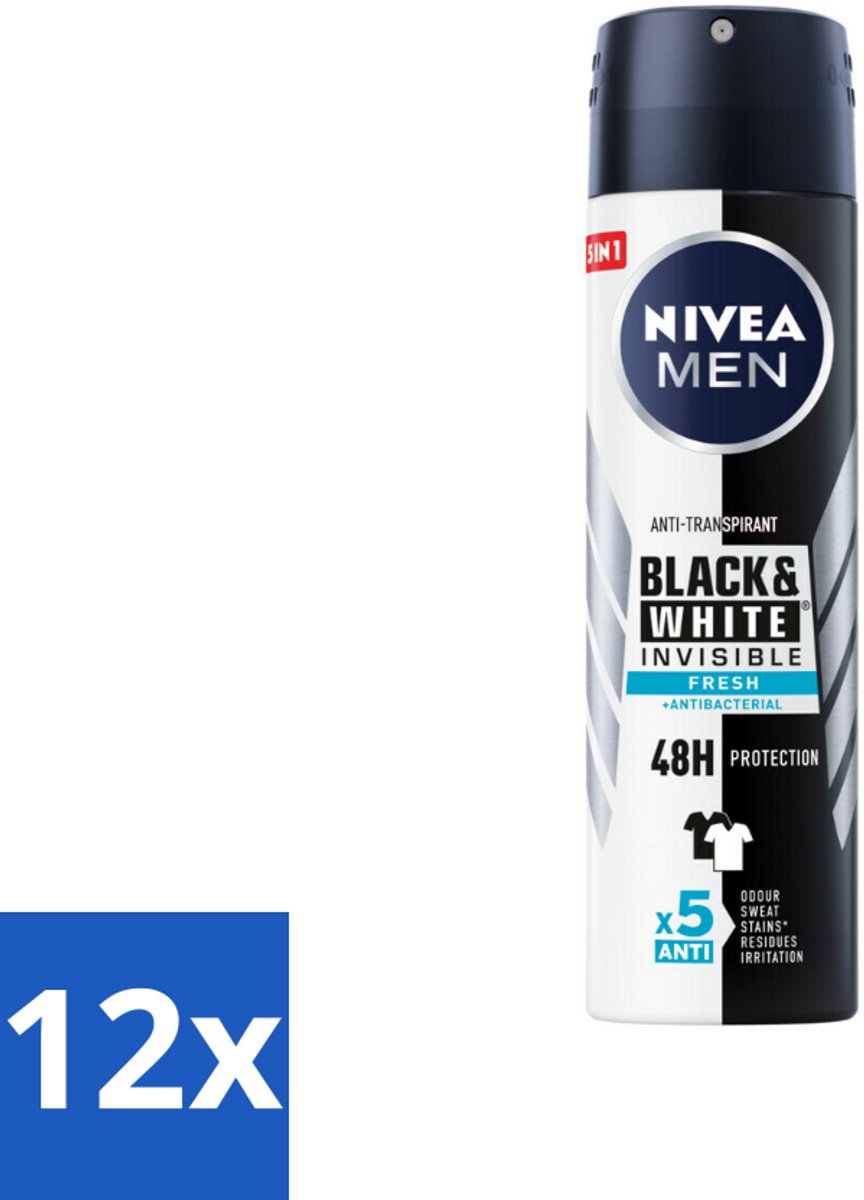 12 x NIVEA Men Deodorant Spray Invisible for Black & White Fresh 150 ml - Anti-transpirant - Deodorant Spray - Zweetvoorkomend - Vlekkenvoorkomend - Huidvriendelijk
