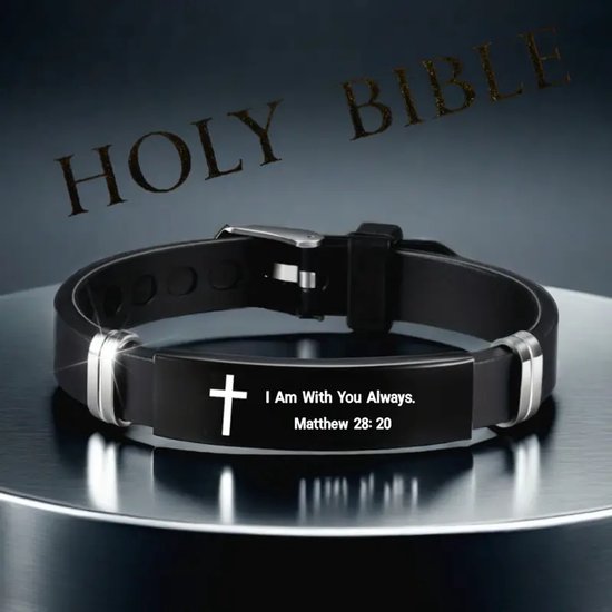 Zwarte siliconen armband met RVS details, kruis en Bijbeltekst 'I Am With You Always. Matthew 28:20'.
