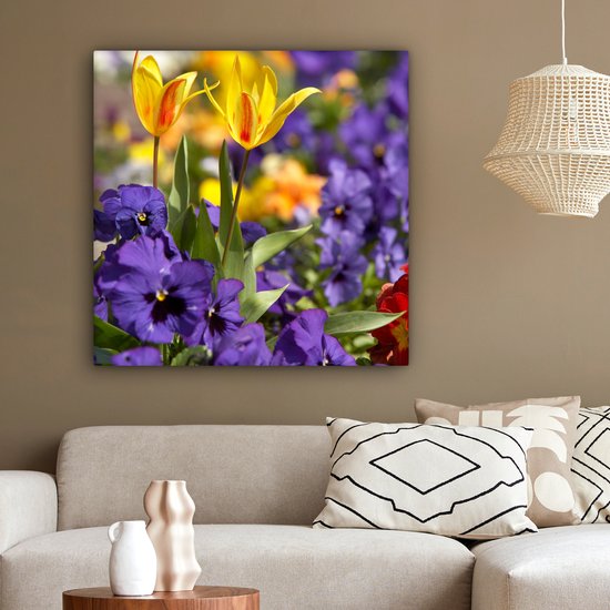 Toile Peinture Printemps - Fleurs - Couleurs - 90x90 cm - Décoration murale