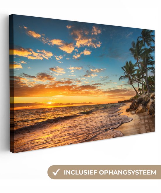 Canvas schilderij zonsondergang - Strand en zee 120x80 - Kamer decoratie accessoires - Schilderijen woonkamer tropisch palmboom - Wanddecoratie slaapkamer - Muurdecoratie keuken - Wanddoek - Woondecoratie huis - Woonaccessoires
