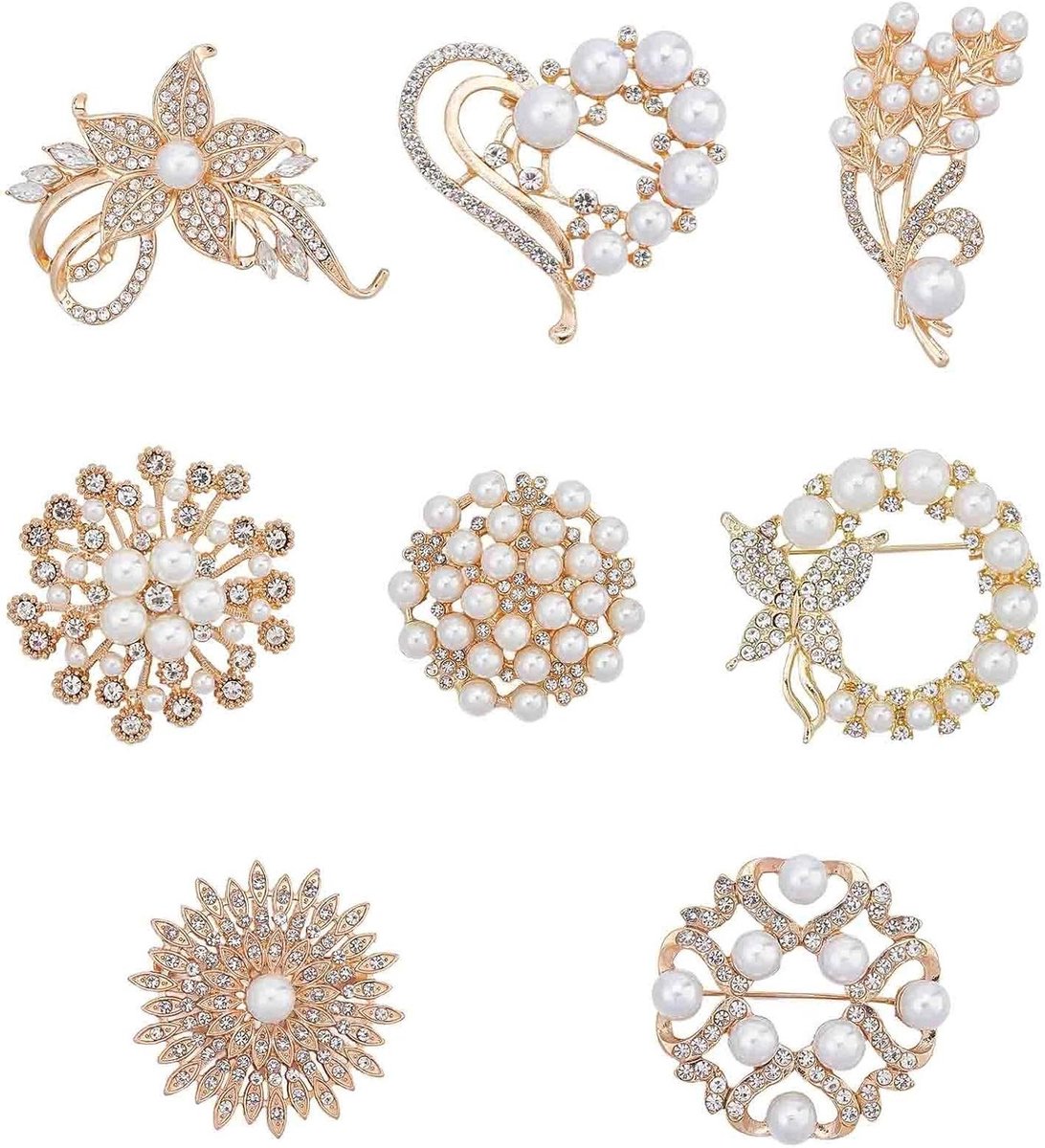 JHubers Goods - - Broches en spelden set voor dames - 8 stuks met kralen en strass - Bloemen en hartbroches - Bruidssieraden trouwjurk accessoires
