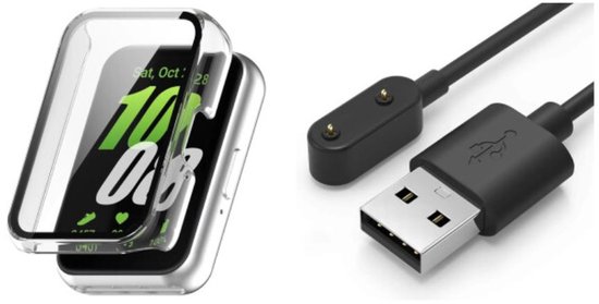 Doorzichtige beschermhoes voor smartwatch en een zwarte USB-oplaadkabel.