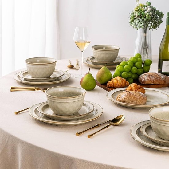 Ronde Glaze Steengoed Servies Set, Service voor 6 (48 Stuks), Japanse Stijl Porselein Keuken Kommen en Borden Diner Set, Vaatwasser Magnetron Veilig,S1 (S1