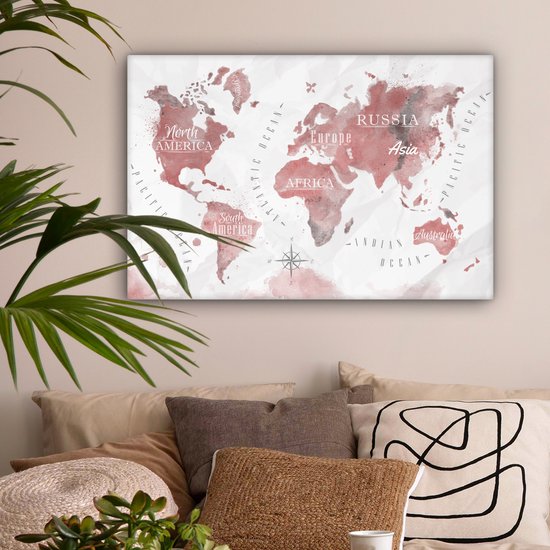 Peintures Toile Wereldkaart - Peinture - Rose - 60x40 cm - Décoration murale