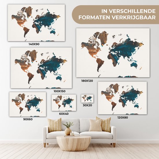 Wereldkaart en peinture bleu foncé et orange sur fond rose 60x40 cm