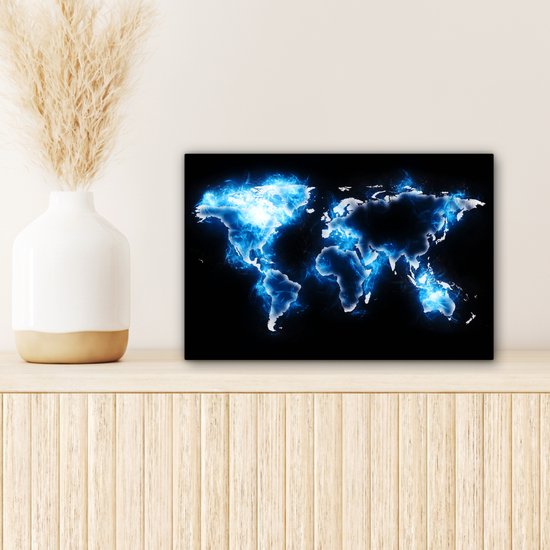 Wereldkaart en bleu électrique sur fond noir 30x20 cm