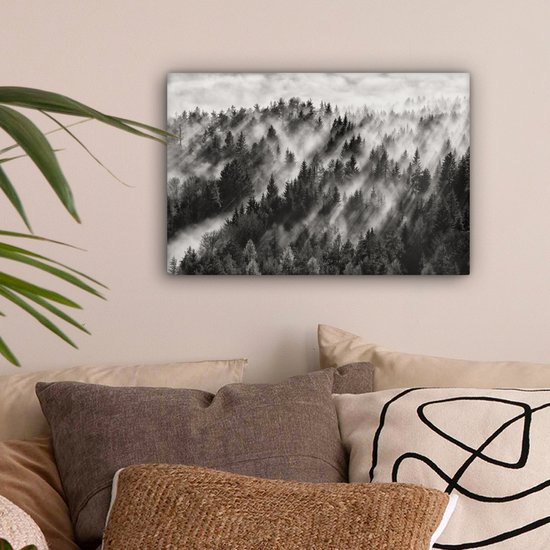 Peinture sur toile - Arbres - Brouillard - Forêt - Paysage - Peintures sur toile - 30x20 cm - Photo sur toile - Canvasdoek