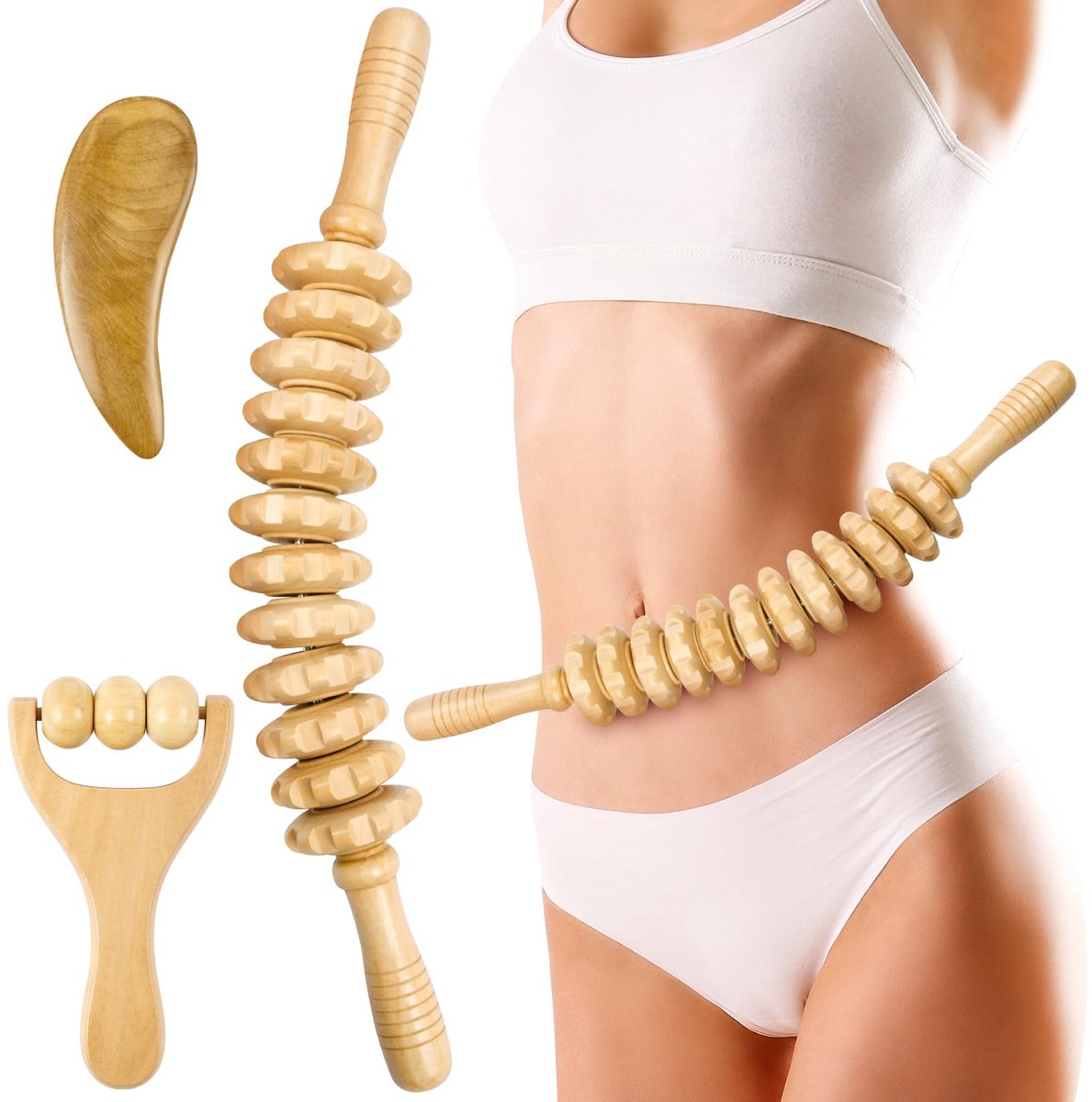 Namajunas - Massage roller hout - Massage stick - 3 stuks anticellulitis massager - Massage apparaat - Gua Sha-massagegereedschap - Ontspant benen, armen, rug en gezicht - Bindweefselmassage - massage bal