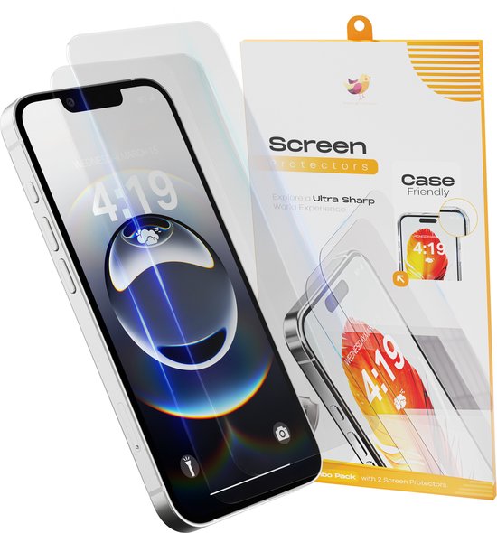 Verpakking met twee screenprotectors voor iPhone, met een telefoon erop.