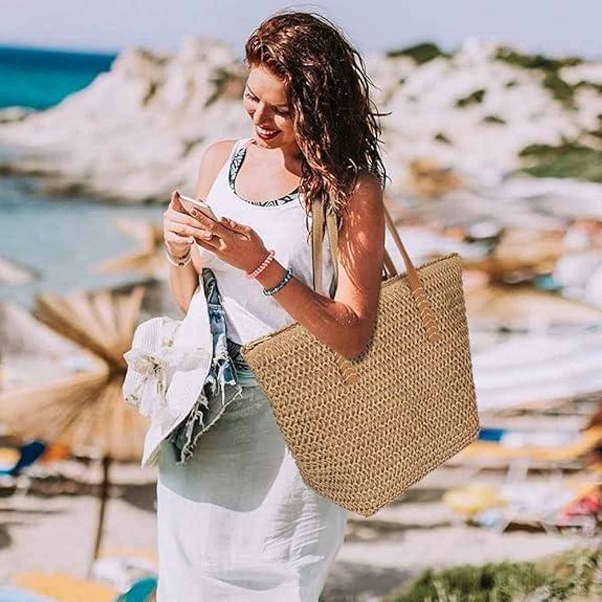 KALIDI Dameshandtas, canvas shopper, schoudertas, casual, groot, voor school, werk, dagelijks gebruik, winkelen, bruin-2