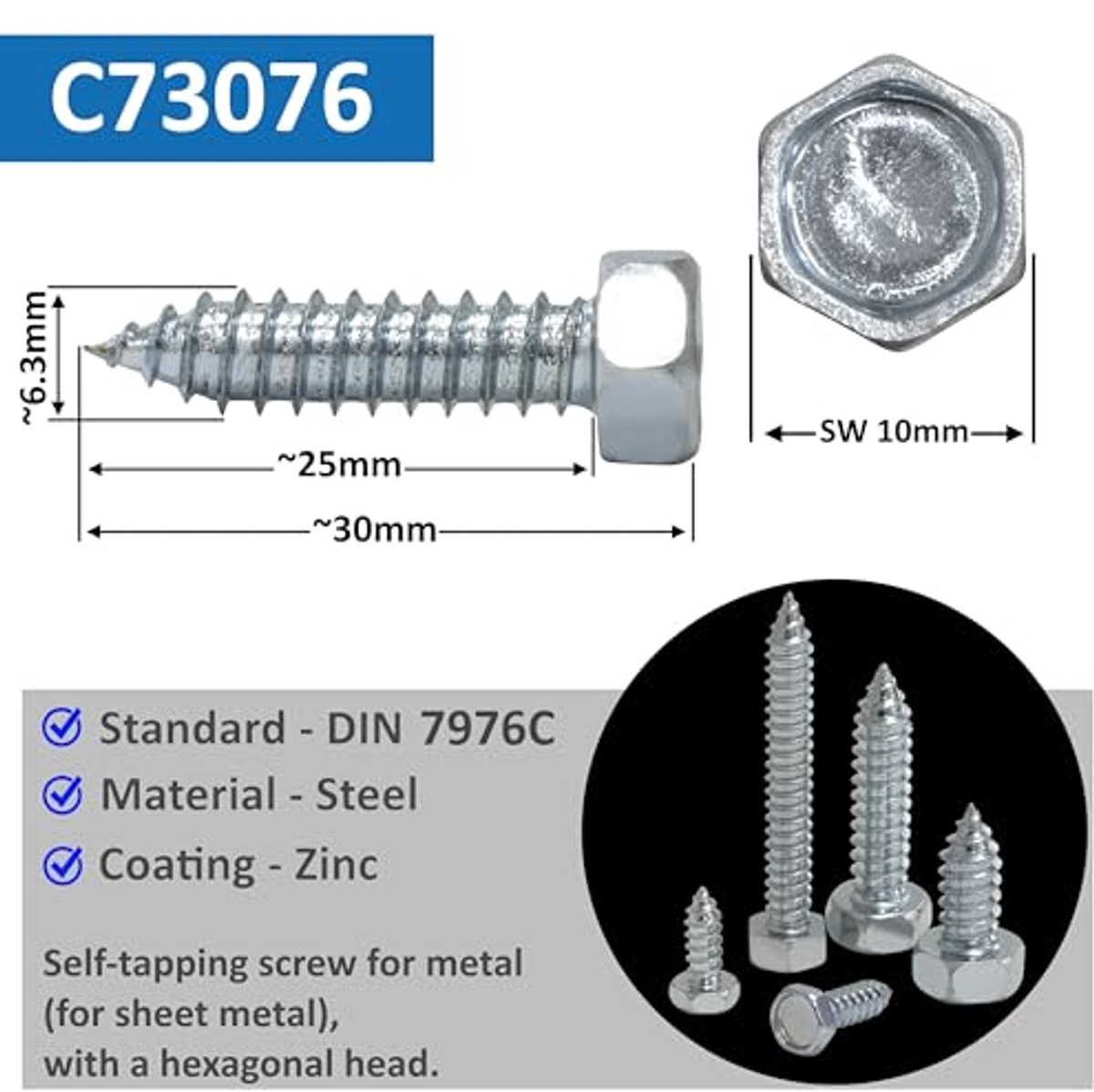 C73076 - 50 zelftappende schroeven Ã˜6.3x25 mm - hexagonale kop - carbon staal - verzinkt