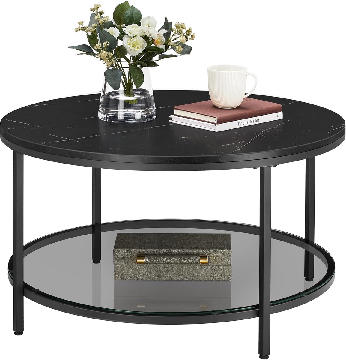FurnStar Salontafel – Woonkamertafel met glasplaat – Moderne banktafel met veel opbergruimte – Eenvoudige montage – 80x44,5 cm -Marmerzwart/Inktzwart –