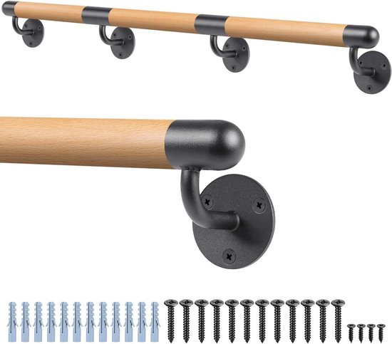 Thelau - 100 Inch Houten Indoor Trap Wandmontage Leuning met Stevige Metalen Beugels - Antislip en Comfortabel - Voor Ouderen - Barrière-Gratis - 1-1/2 Diameter