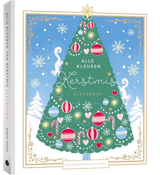 Kerstboom met versieringen, sneeuwvlokken en de tekst "Alle Kleuren Kerstmis Kleurboek".