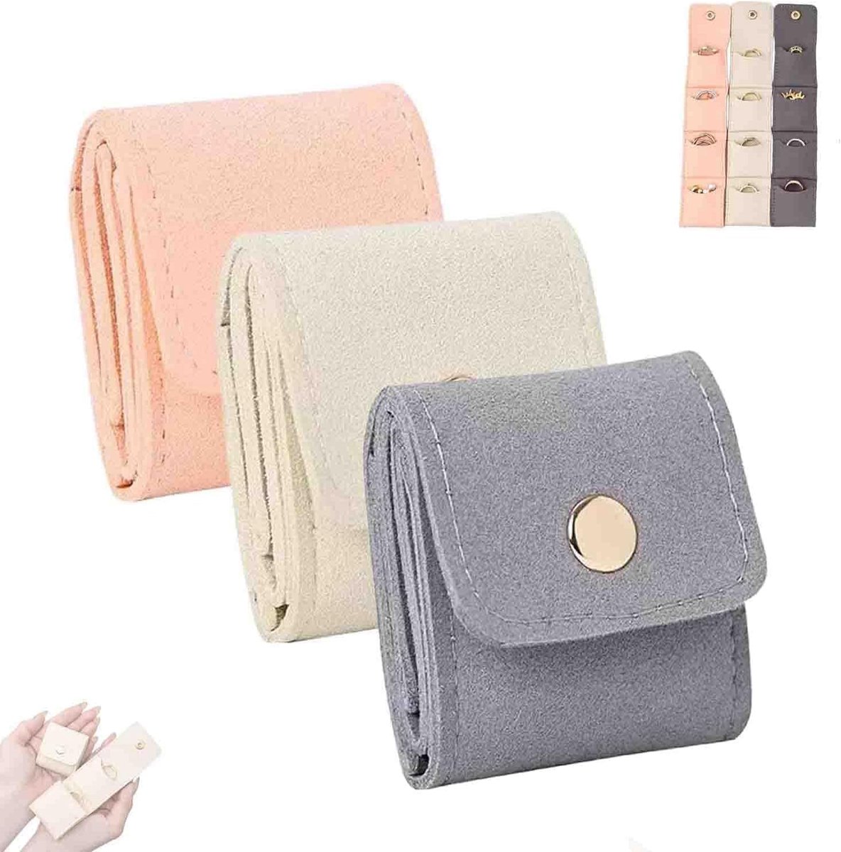 3-delige mini-reistas voor sieraden - reistas met gesp voor sieraden - opvouwbare, draagbare opbergtas voor sieraden - roze, grijs, gebroken wit
