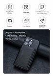 Zwarte leren telefoonhoes met kaarthouder. Magnetische adsorptie, kaartportemonnee, beugel, drie-in-één ontwerp.
