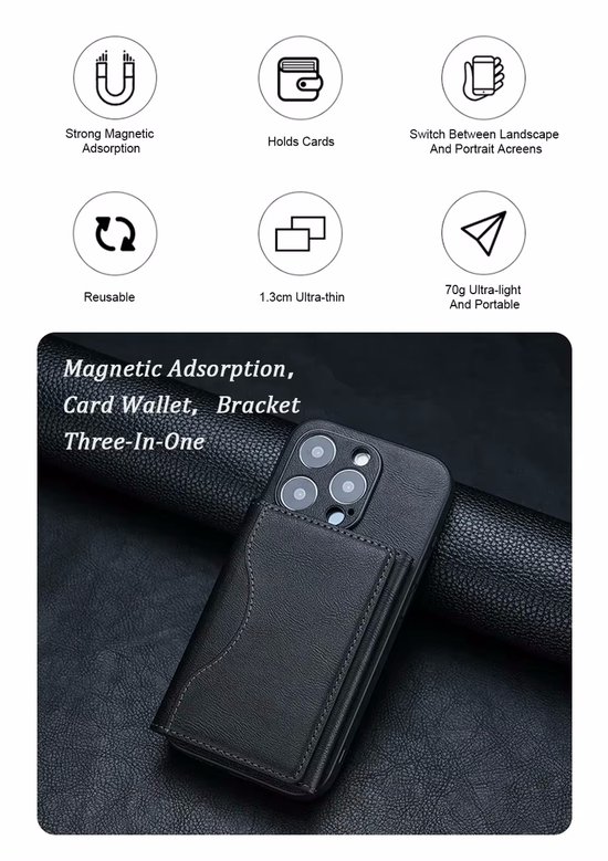 Zwarte leren telefoonhoes met kaarthouder. Magnetische adsorptie, kaartportemonnee, beugel, drie-in-één ontwerp.