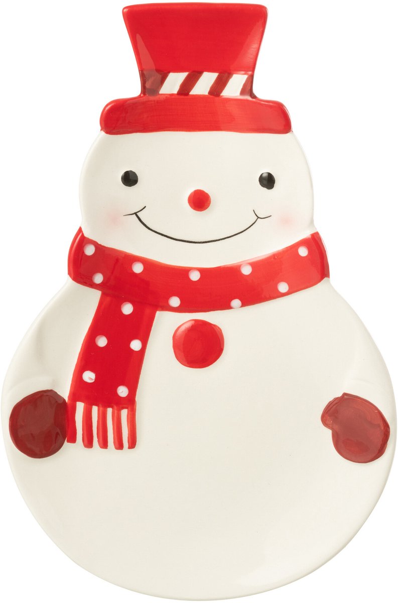 J-Line schaal Sneeuwpop Dolomiet - keramiek - kerstrood/wit