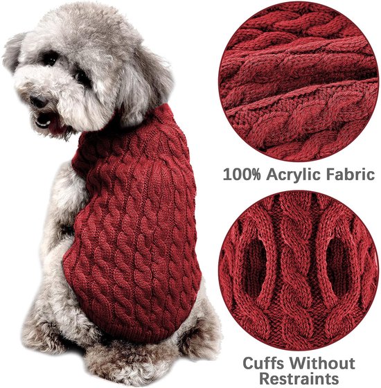 LiebeDD Hondentrui Kleine Hond, Warme Effen Hondentruien voor Sma, Gebreide Col Trui Hond met Harnas Gat, Huisdierkleding Honden voor Teckel, Dog Sweater Jumper, Bordeaux Rood, S