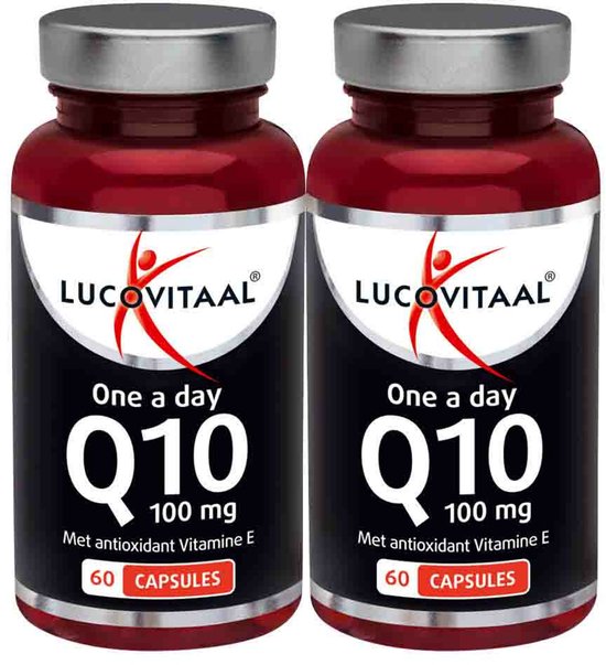 Twee flessen Lucovitaal Q10 100 mg capsules. Met antioxidant Vitamine E. 60 capsules per fles.