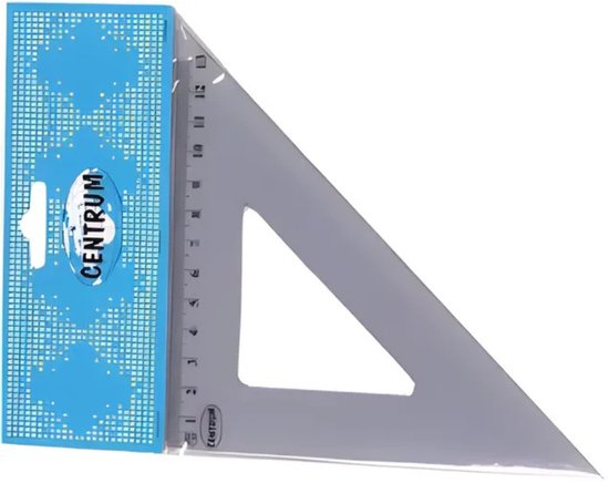 Équerre de dessin transparente en plastique avec une échelle et le nom de la marque 'Centrum'.