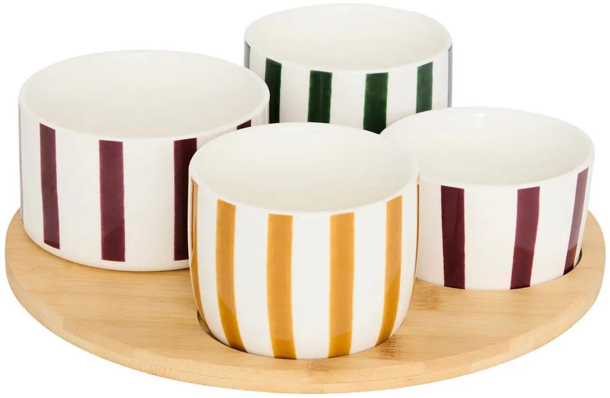 Secret de Gourmet 4-delige Aperitiefset - Bamboe Dienblad met Steengoed Schalen, 25 cm