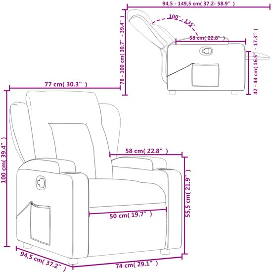 Afmetingen van de zwarte fauteuil, inclusief maten voor hoogte, breedte en diepte.