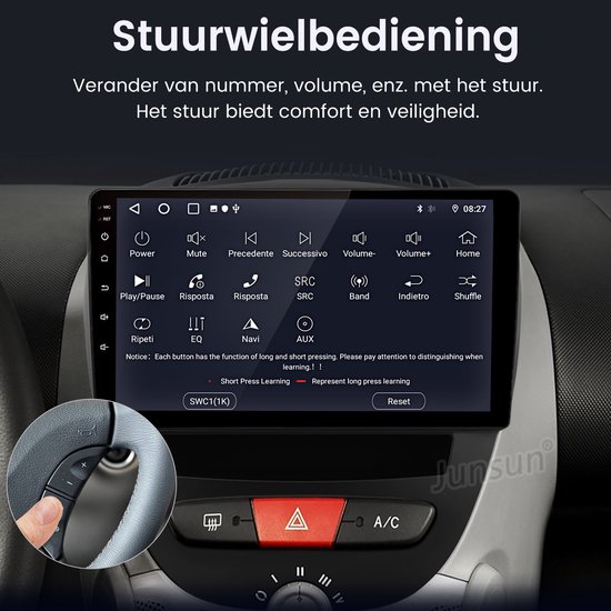 Handsfree bediening van volume en nummers via het stuurwiel van de auto.