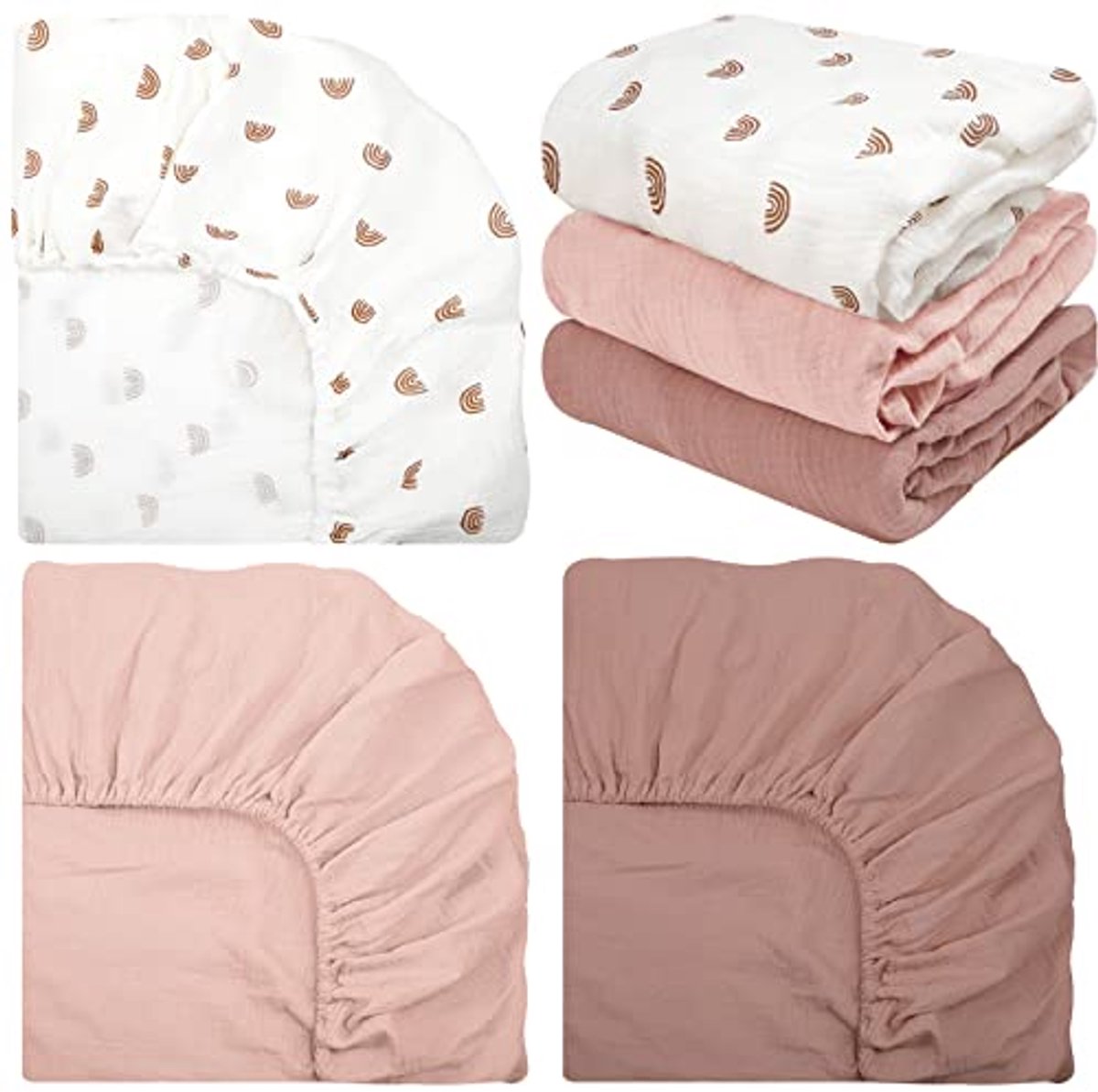 Image of 3-delige mousseline wieglakens voor babybedden - Zachte, neutrale beddengoedset in pastelpatroon