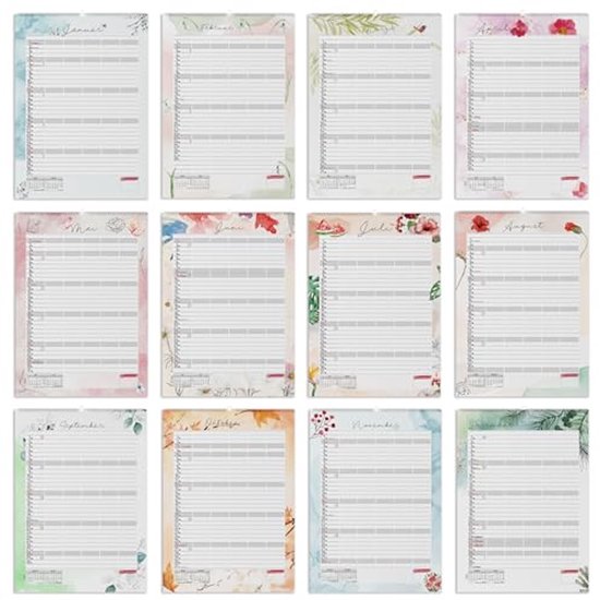 Een muurkalender met twaalf bladzijden, elke maand met een andere aquarelbloemenrand in pastelkleuren.