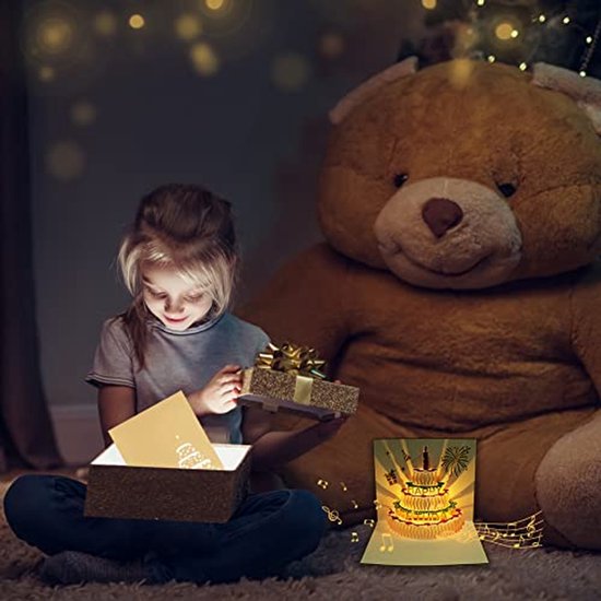 LUZOON 3D Pop-up Verjaardagskaart – Met Muziek En Licht – LED-kaarsen – Happy Birthday-liedje – Inclusief Envelop En Kleine Kaarten – Voor Alle Leeftijden – Blauw