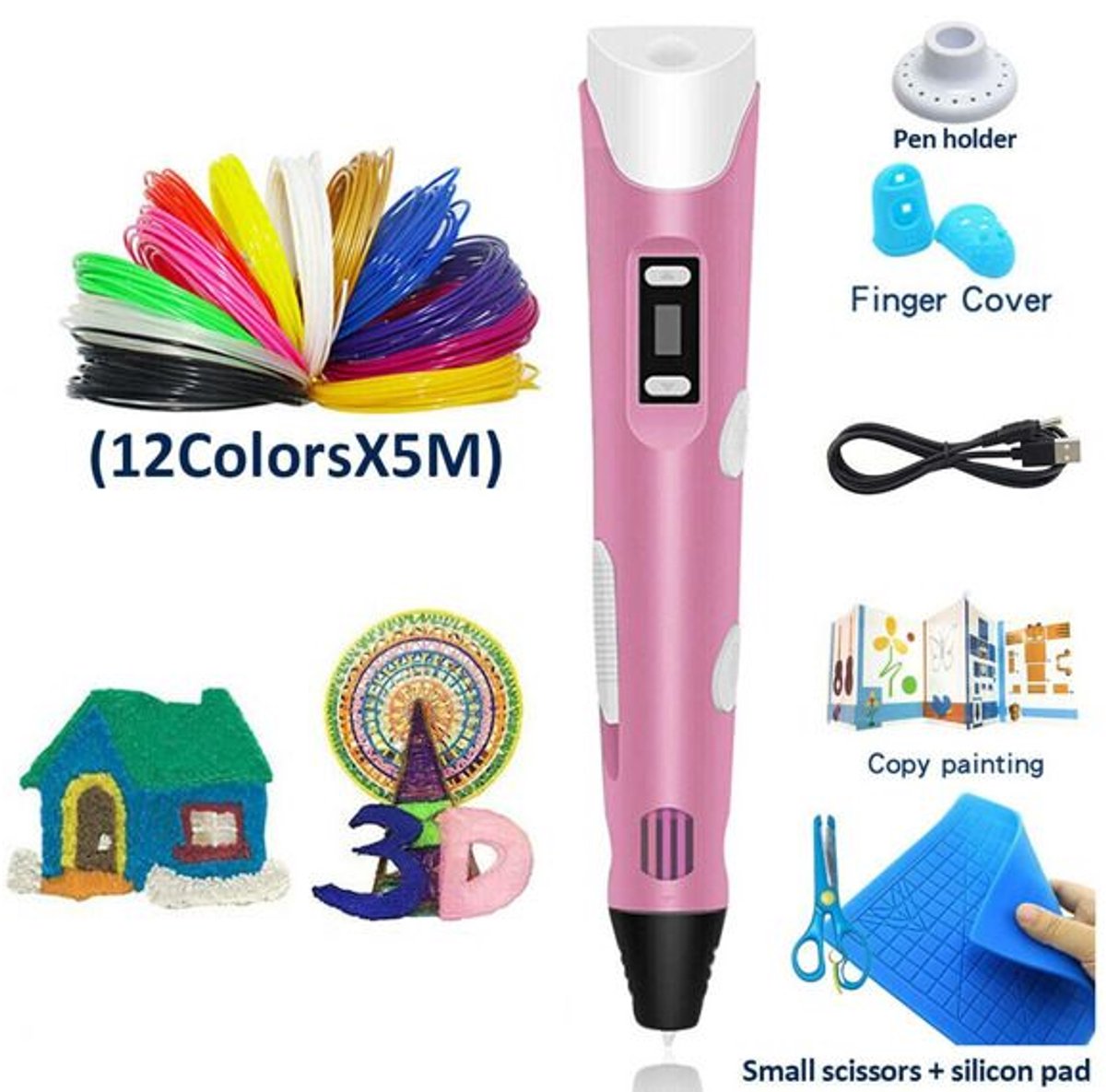 3D-printpenset Doodle Printer Tekenen 5M 12 kleuren Filament Cadeau voor kinderen