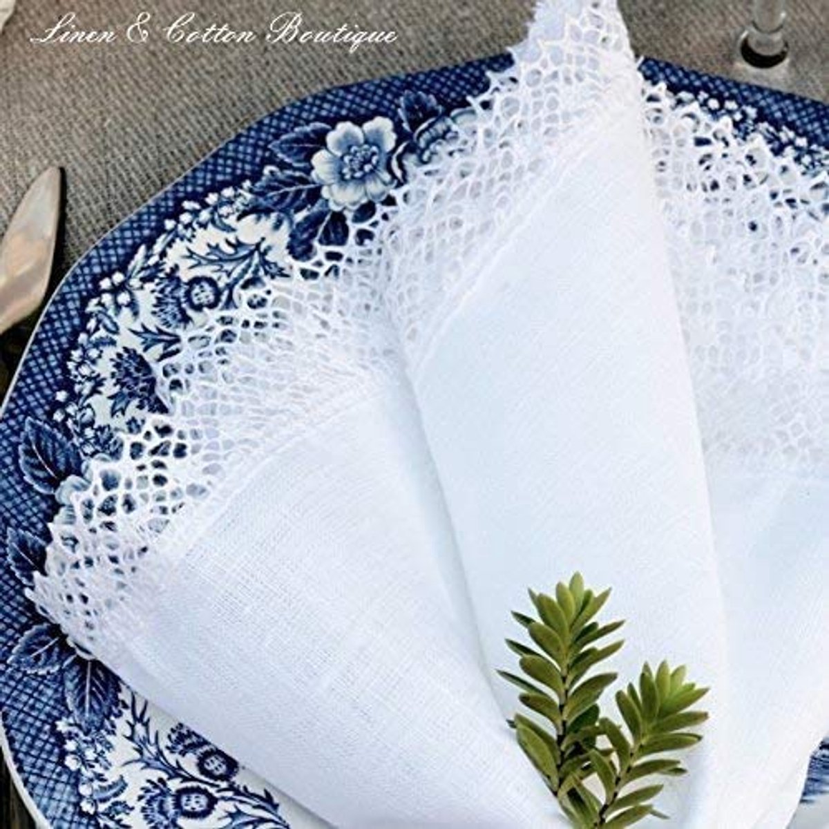 Vintage Shabby Rustiek Stoffen Servetten Set van 2 - 100% Linnen (Wit, 39 x 39cm)