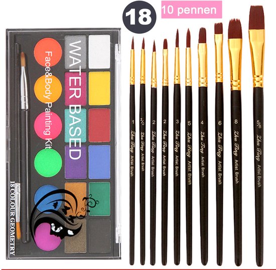 18 Kleuren Schminkset Kinderen – Schmink- Waterbasis Schmink met 10 Penselen– Niet-Giftig – Schmink voor Kind & Volwassene – Halloween, Feest, Schminken