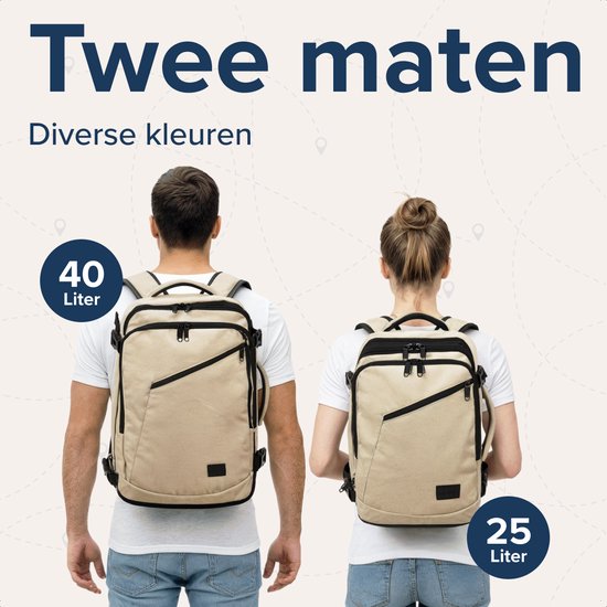 Man en vrouw dragen beige TRVLMORE rugzakken van 40L en 25L. 'Twee maten' tekst.