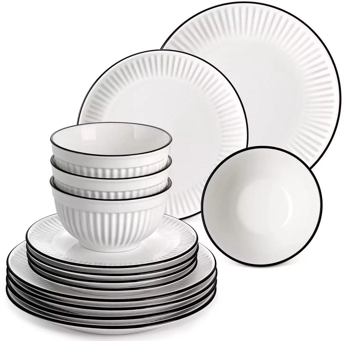 Serviesset - 4 Persoons Servies - Porselein - Dinerborden - Dessertborden - Ontbijtkommen - 12-delige Set - Ivoorwit - Zwart