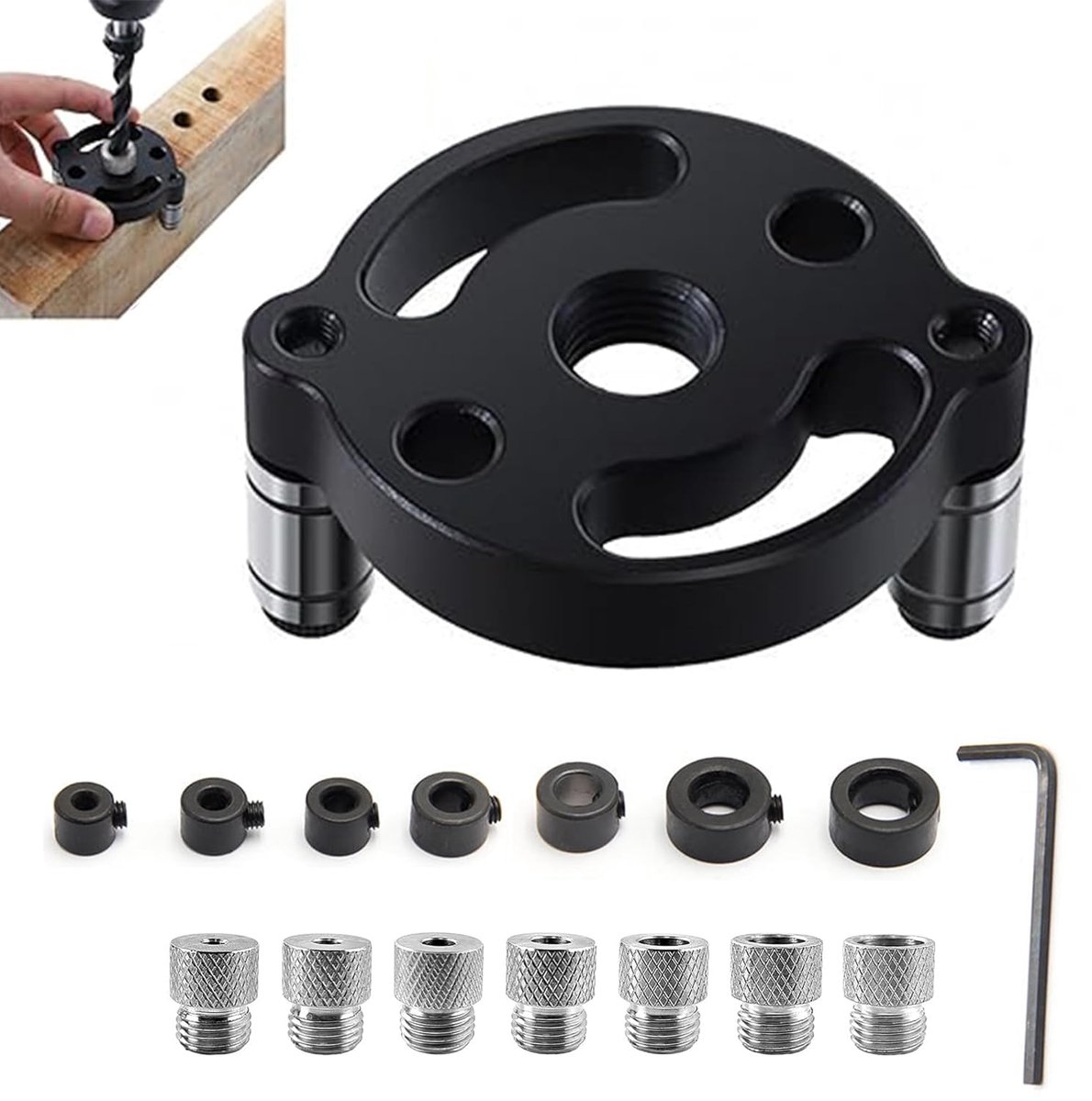 16pcs Woodworking Drill Holes Locator - 3/4/5/6/7/8/10mm Drill Bushings Set - Stainless Steel Drill Bushings Drilling Aid - Electric Drill Sleeve - Bounding Ring - Small Wrench - Drilling Template - Meubels